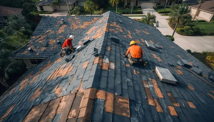 Aerial view of a roof with many patched areas