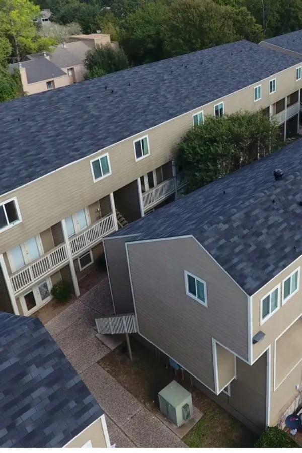 Aerial view of a shingle roof on a residential building