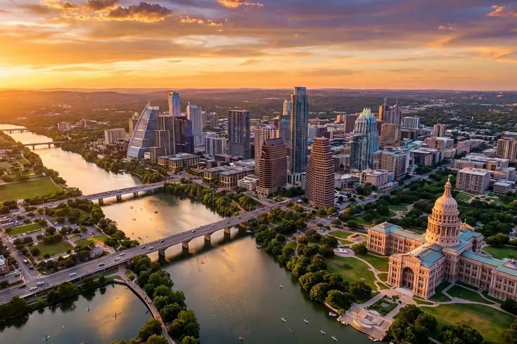 Austin skyline and the Colorado River at sunset