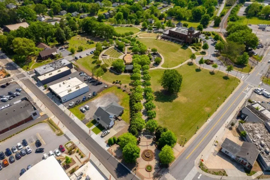 Aerial view of a park and streets in Cedar Park