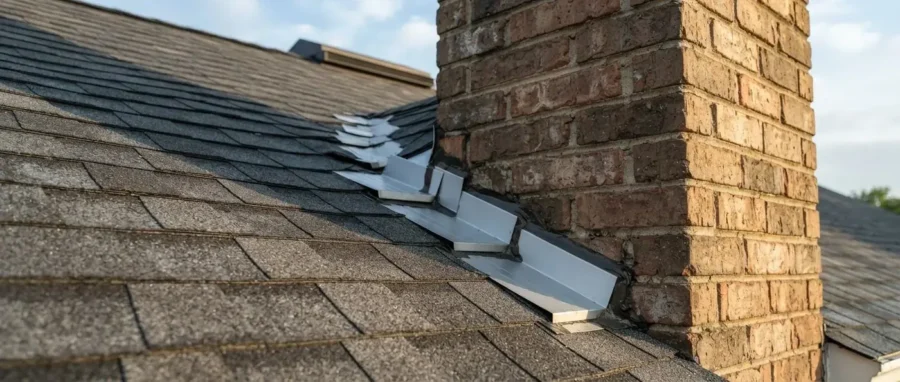 New metal flashing around a brick chimney