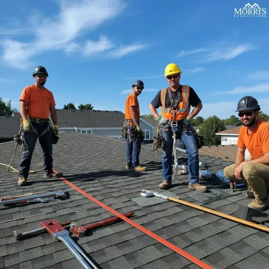 Roofing crew standing on a finished roof
