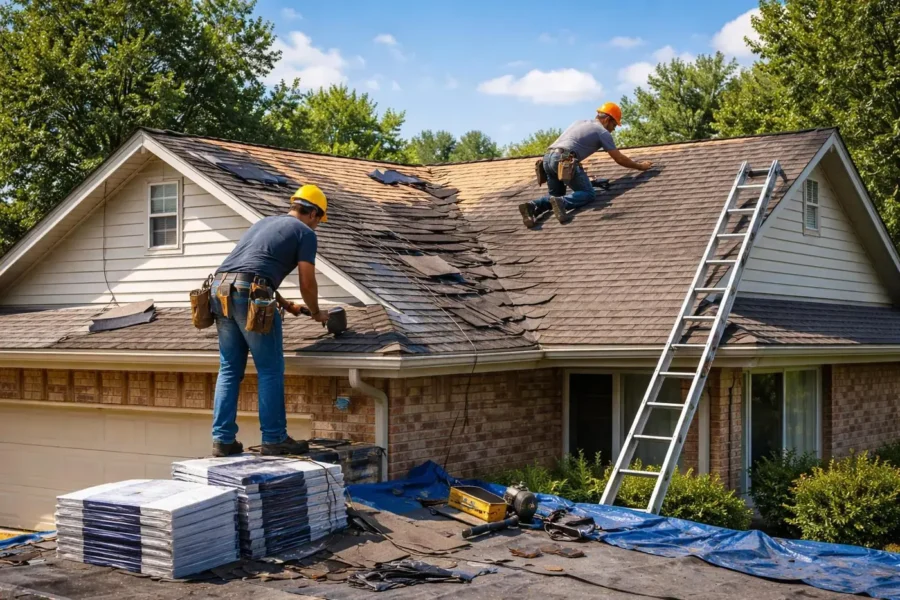 Roofers installing shingles on a house