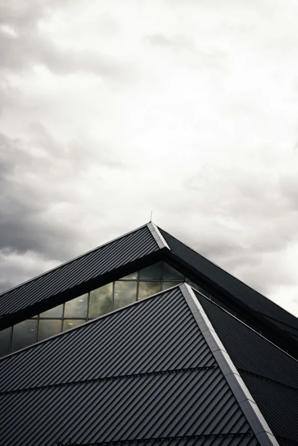 Dark metal roof on a commercial building