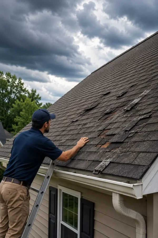 Roofer checking worn shingles by hand