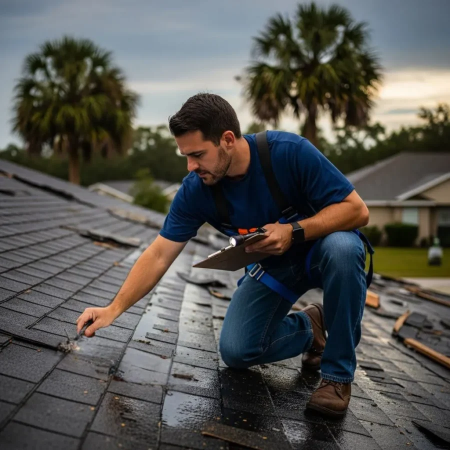 Roofer inspecting damaged shingles with a clipboard