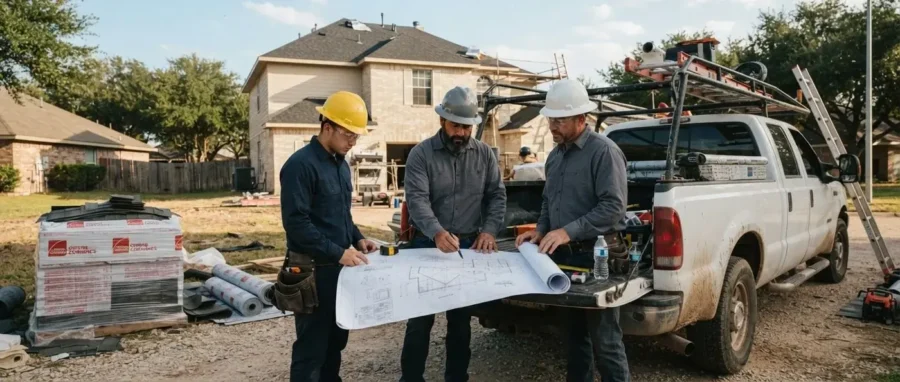 Roofing team reviewing construction plans