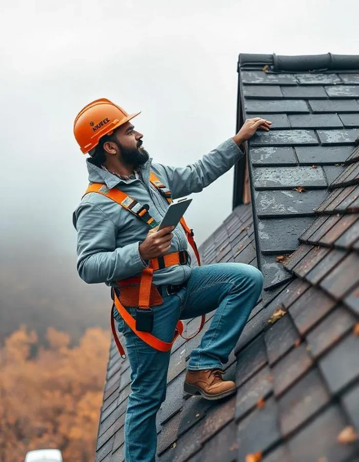 Roofer in safety gear climbing a steep roof
