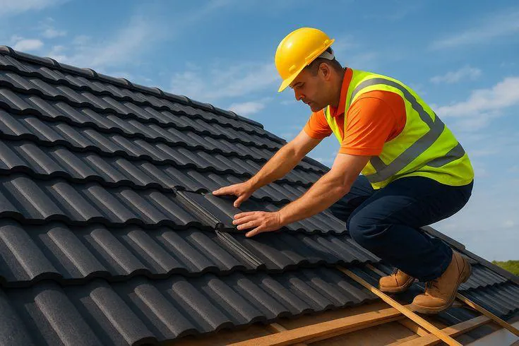 Roofer laying dark roof tiles