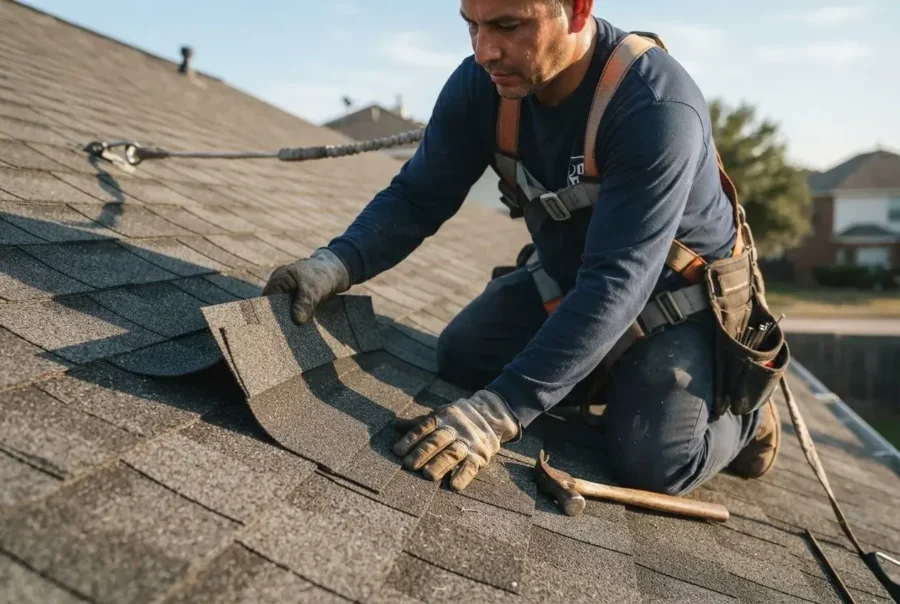 Roofer replacing damaged asphalt shingles