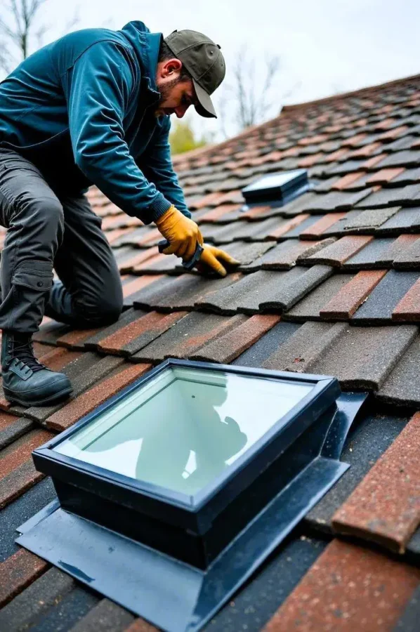 Roofer checking a skylight on a tile roof