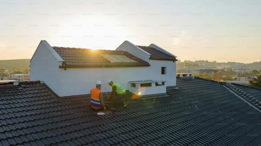 Roofers working on a tile roof at sunset