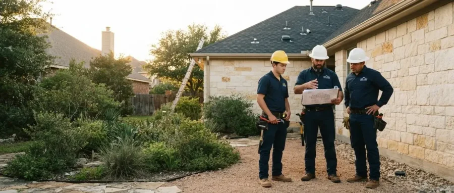 Roofing team reviewing plans on site