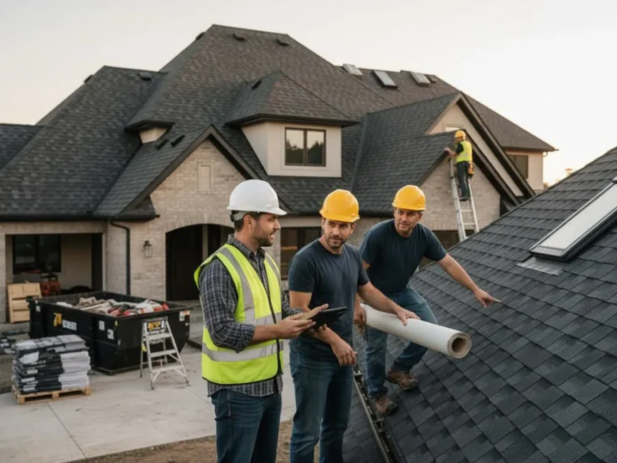 Roofing team discussing a roof plan on site