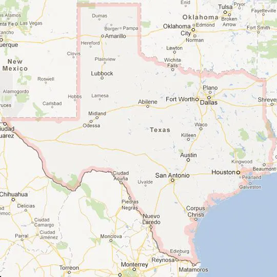 Map of Texas showing Austin and the surrounding area